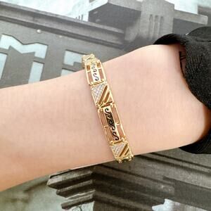 Gold‑Tone Rectangle Link Bracelet Black Enamel Crystal Women NWT